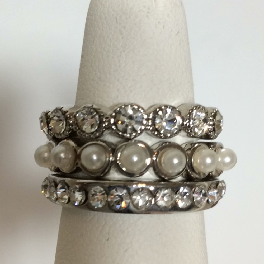 Silver Rhinestone & Pearl Stacking Ring Trio